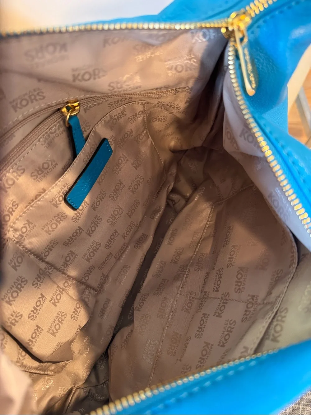 Michael Kors Aqua Blue Leather Hobo with Gold MK Accent
